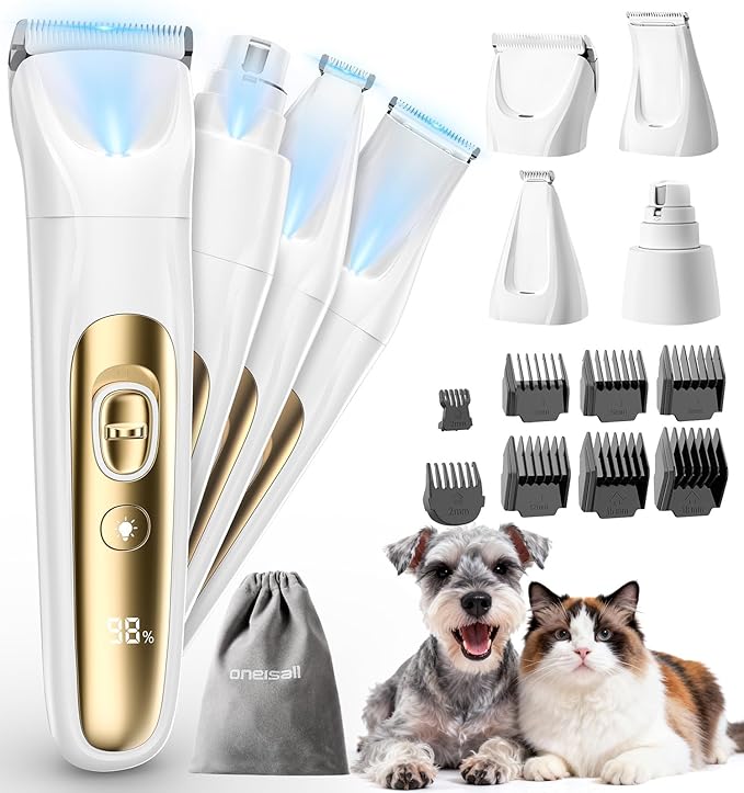oneisall Quiet Dog Grooming Kit 4 in 1, LED Light Dog Nail Grinder, 2000mAh Pet Grooming Clippers Paw Trimmer for Paw, Nail, Face, Ears, Legs, Body with Storage Bag