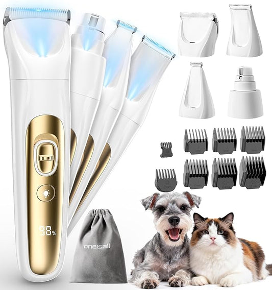 oneisall Quiet Dog Grooming Kit 4 in 1, LED Light Dog Nail Grinder, 2000mAh Pet Grooming Clippers Paw Trimmer for Paw, Nail, Face, Ears, Legs, Body with Storage Bag