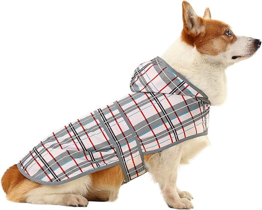 Dog Raincoats for Large Dogs Waterproof Hooded Rain Jacket with Reflective Strips Leash Hole & Poncho Adjustable Fit (Plaid,L)