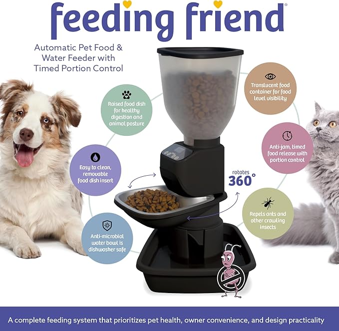 Feeding Friend® Automatic Dog & Cat Food Feeder with Water Dispenser – Smart Pet Feeder with Portion Control, OLED Display, Anti Jam Design, Battery Operated Dispenser for Medium Pets - Black