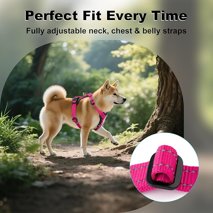 Plutus Pet Adjustable No Pull Dog Harness with Leather Accents, Heavy Duty Reflective Nylon Vest for Training, Hiking, Easy Walk Harness for Small, Medium, Large Dogs (Hot Pink, XL)