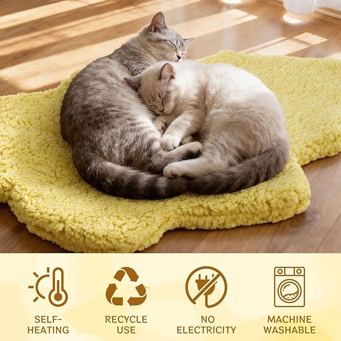 3 Pack Self Warming Cat Dog Bed Leaf Shape Self Heating Pet Mat Non Electric Washable Thermal Sleeping Pad Plush Heated Pet Mat for Crate Floor Indoor Outdoor (Light Yellow,Large-19 x29)