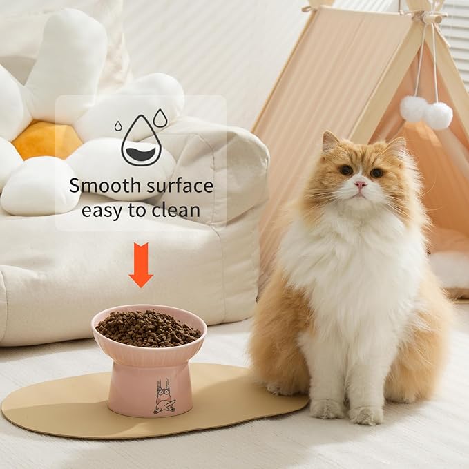 OMAYKEY 6.5 Inch Extra Wide Ceramic Raised Cat Bowls, Porcelain Tilted Elevated Cat Food Water Bowl Dish, Stress Free Pet Feeder Dishes for Cats & Small Dogs, Whisker Fatigue, White & Pink