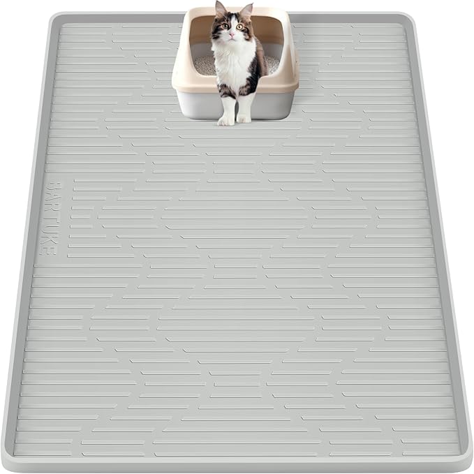 Silicone Cat Litter Mat, 34" x 20" Large Cat Litter Box Mat Litter Trapping Mat for Scatter Control, Waterproof, Soft on Kitty Paws, Clean Floor (Grey)