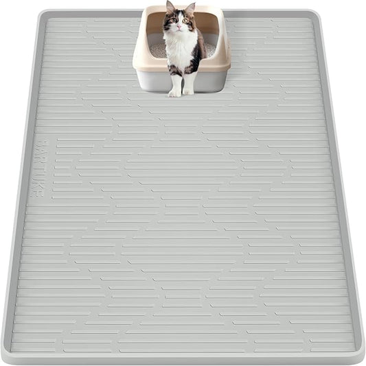 Silicone Cat Litter Mat, 40" x 28" Extra Large Cat Litter Box Mat Litter Trapping Mat for Scatter Control, Waterproof, Soft on Kitty Paws, Clean Floor (Grey)