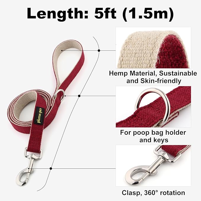 Plutus Pet Cotton Hemp Dog Collar and Leash Set, Adjustable Collar for Small, Medium, and Large Dogs, Heavy Duty and Soft on Skin, Red, S