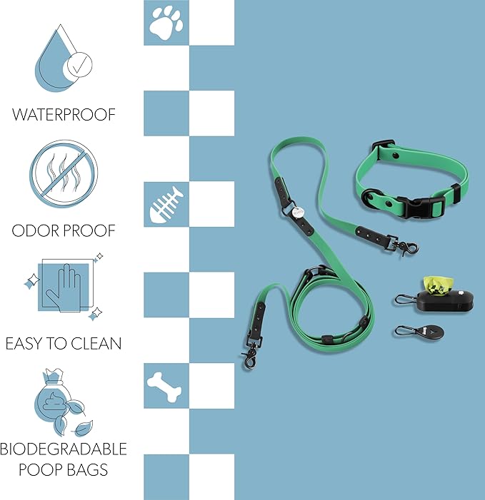 WLK1004K-5SET Luna Small 8FT Adjustable 6-in-1 Waterproof Hands-Free Leash and Collar with LED Flashlight, Bag Dispenser, and Poop Bag Holder, Julep