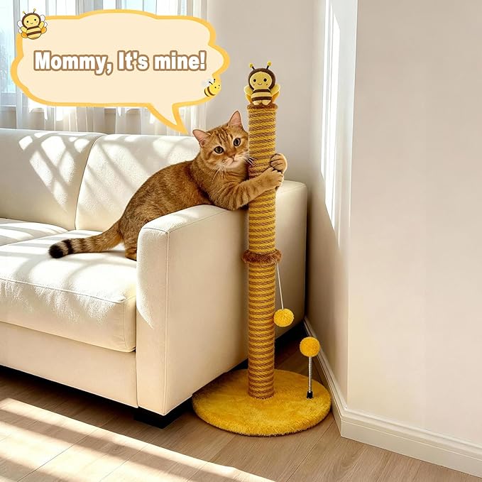 Bee Cat Scratching Post, 36" Tall Cat Scratcher for Indoor Cats - Modern Sisal Scratch Post with Dangling Ball & Plush Toys for Kittens and Adult Cats