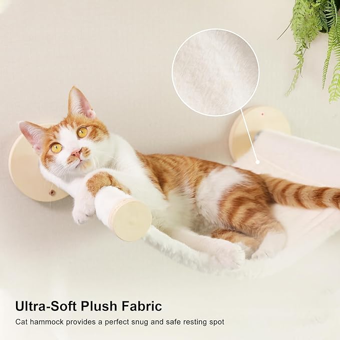 FUKUMARU Cat Wall Shelves, 5-Piece Stable Wooden Wall-Mounted Furniture Set, Kitty Climber with Hammock, House, Steps, Scratching Post (Beige)