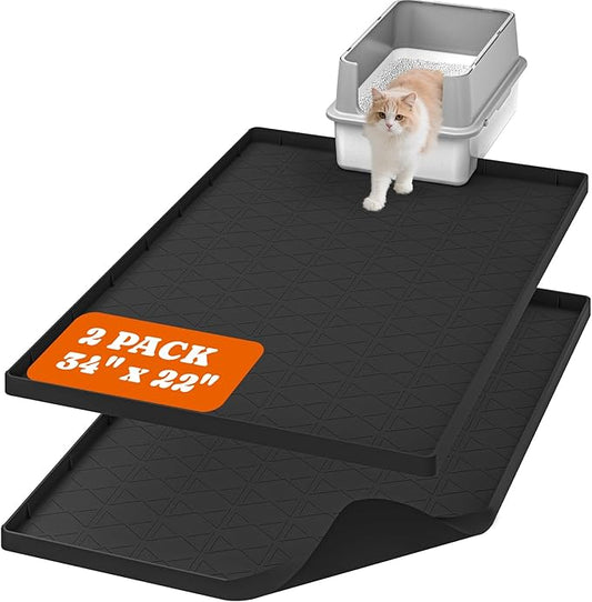Cat Litter Mat, Large 34" x 22" Litter Box Mat, 2 Packs Cat Litter Box Mat, Non-Slip Kitty Litter Mat for Floor, Easy to Clean, Waterproof & Urine-Proof Cat Litter Mat Litter Trapping Mat, Black