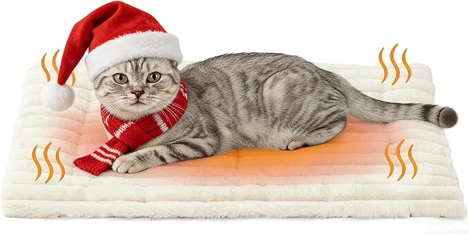 Self Warming Cat Bed, Small Self Heating Pet Crate Pad, Thermal Extra Warm Dog Mat for Indoor Kitten and Outdoor, Non Slip, Washable, 24" × 18", Creamy White