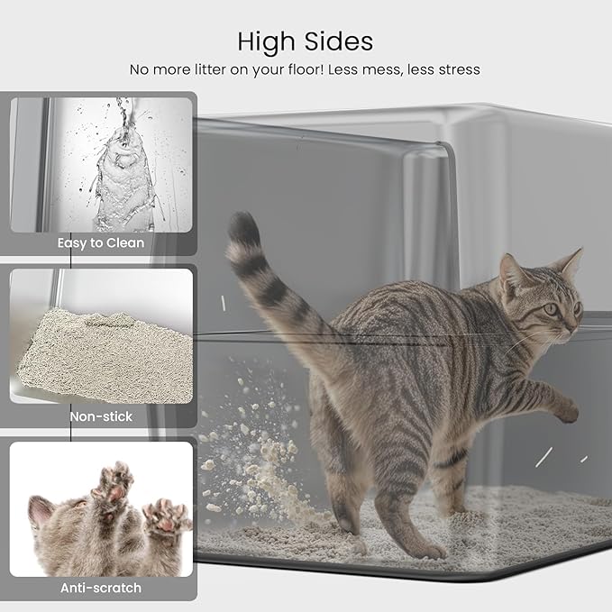 Enclosed Stainless Steel Cat Litter Box with Lid, XL Leak-Proof Metal Litter Box for Big Cats, Extra Large Cat Toilet with High Side, Press-Fit Design, Non-Stick, Odor-Free, with Litter Mat & Scoop
