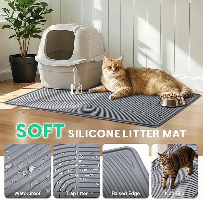 Cat Litter Box Mat,47" x 35" Extra Large Silicone Waterproof Litter Trapping Mat for Scatter Control Soft on Kitty Paws Non-Slip Easy to Clean