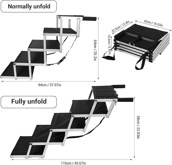 Foldable Dog Stairs, Car Dog Stairs 5 Steps 70kg Load Bearing Extra Wide Anti Slip Pet Ramp with Soft Foam Handle and Safety Straps, for SUV High Beds Truck Car Sedan