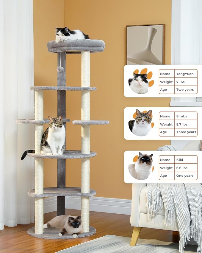 PETEPELA 61" Cat Tree for Indoor Cats, [6-Levels] Cat Climbing Tower with 9 Sisal Scratching Posts and Replaceable Dangling Ball &Top Perch, Grey