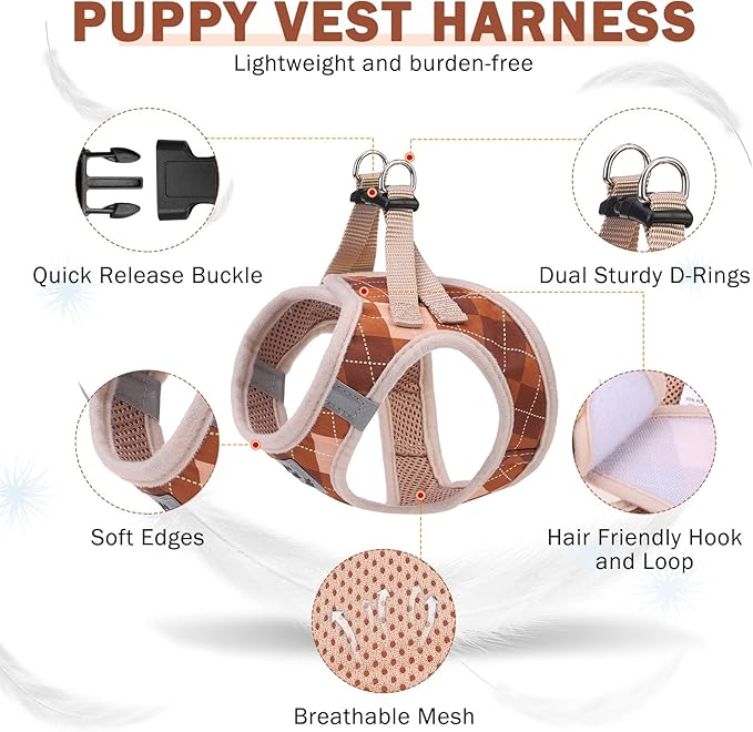 SCENEREAL Small Dog Harness and Leash Collar Set, Fall Step in No Pull Soft Mesh Dog Harnesses for Small Medium Sized Dogs Puppy Outdoor Walking, No Chock Reflective Vest Harness, Brown Plaid M
