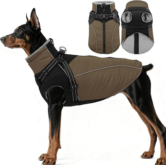 ASENKU Reflective Dog Coat with Built-in Harness, Windproof Fleece-Lined Dog Jacket for Small, Medium, Large Dogs, Warm Winter Vest with Turtleneck & Zipper (Khaki 3XL)
