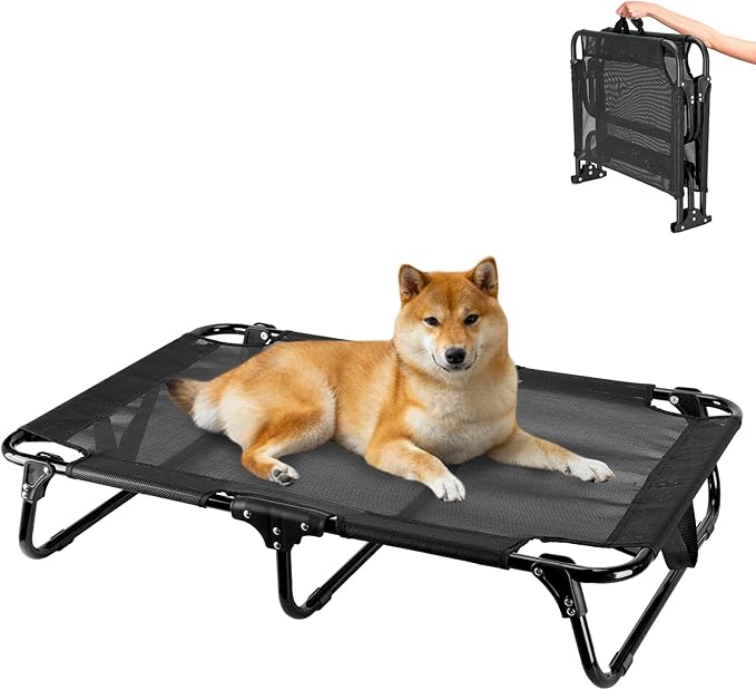 Foldable Elevated Dog Bed, 36"x23"x7" Raised Pet Bed with No Setup, Outdoor DogBed with Breathable Mesh, No-Slip Feet Durable Dog Cots Bed for Medium Sized Dogs, Black