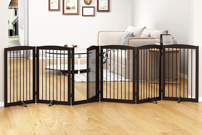 Freestanding Pet Gate with Door, Tall Dog Gate for House, Extra Wide, Pet Puppy Safety Fence, Support Feet Included, 120 Inch Wide, 6 Panels 32" Tall, Brown