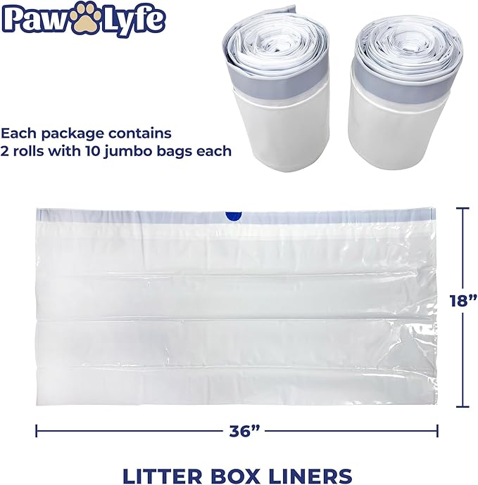 PawLyfe Jumbo Cat Litter Box Liners - 4MIL Extra Thick Heavy Duty Drawstring Kitty Litter Bags - Scratch and Tear-Resistant XL Cat Pan Liners for Easy Litterbox Cleanup - 36" x 18" - Box of 20 Liners