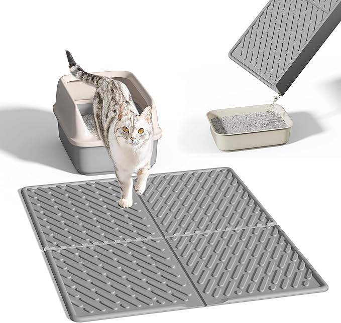 Pieviev Cat Litter Box Mat, 31"x 24" EVA Scratch Resistant Litter Trapping Mat, Easy Clean for Scatter Control, Soft on Kitty Paws, Waterproof & Urine Proof for Indoor Use, Gray