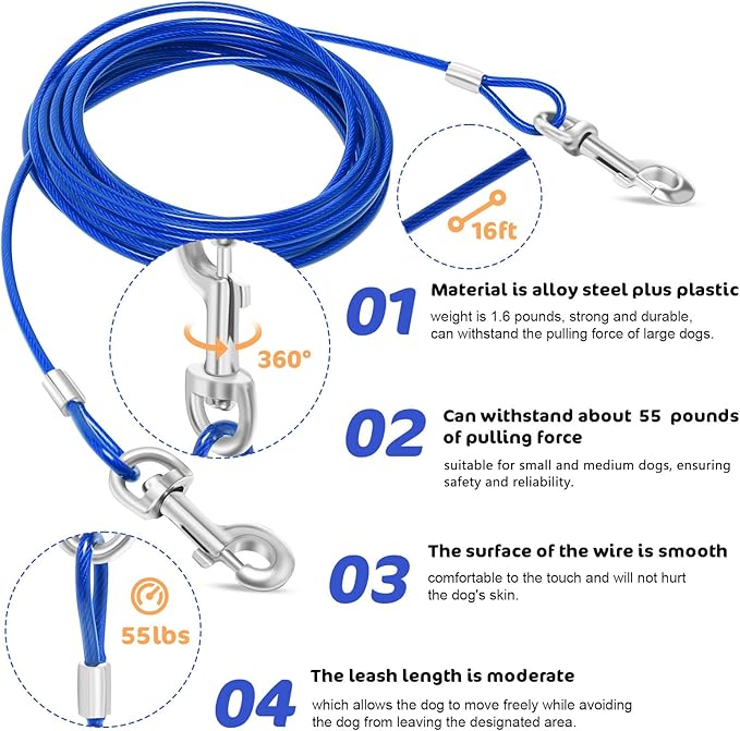 Relux 30FT Outdoor Dog Leash for Yard Training, Running, Hiking, Camping, with Heavy Duty Dog Anchor Spiral Stake for Small to Medium Dogs (Blue)