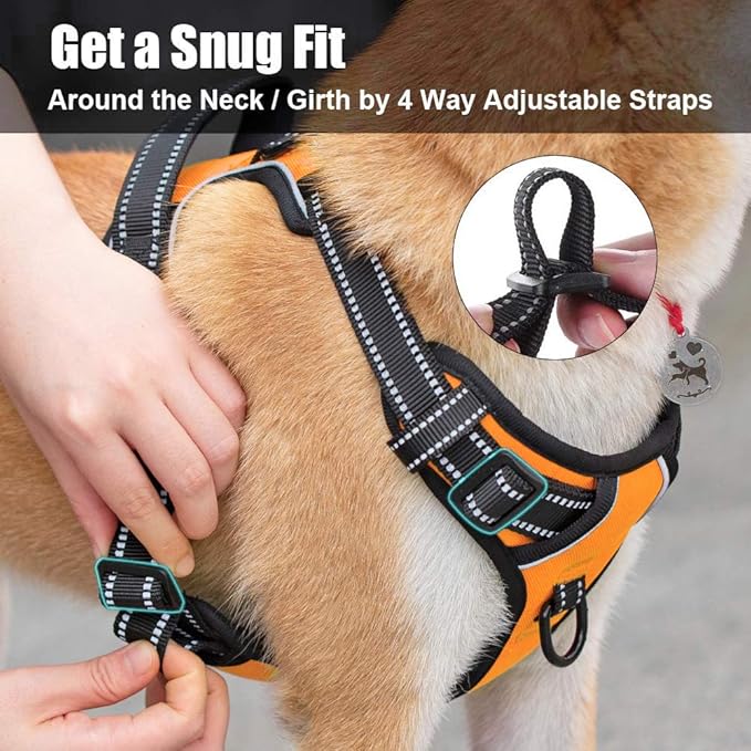PoyPet No Pull Dog Harness, Reflective Comfortable Vest Harness with Front & Back 2 Leash Attachments and Easy Control Handle Adjustable Soft Padded Pet Vest for Small to Large Dogs (Orange,M)
