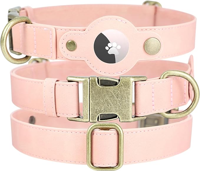 AirTag Dog Collar for Medium Dogs Puppy - Soft Leather Dog Collar with Apple AirTag Holder and Metal Buckle - Smart Tracker GPS Apple Air Tag Pet Collars(Pink, M)