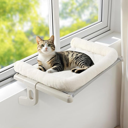Sunhoo Cat Window Perch Hammock Sturdy Windowsill Bed Seat for Large Cats No Drilling No Suction Adjustable Kitty Shelf with Washable Cover Easy Assembly Holds up to 40 lbs 22.05 * 15 in (White, S)