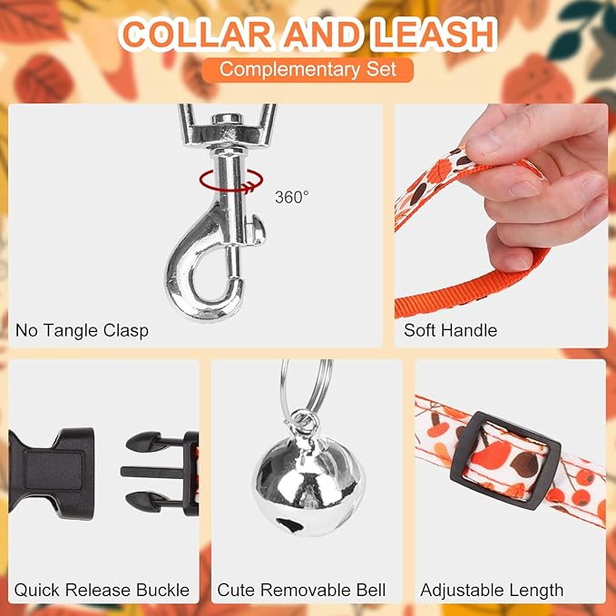 EXPAWLORER Thanksgiving Autumn Puppy Harness - Dog Collar and Leash - Soft Mesh Padded Adjustable Step in Small Dog Vest Harness No Pull, Reflective Escape Proof for Outdoor Walking, Orange S