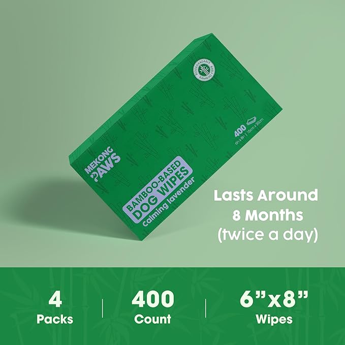 Pet Grooming Wipes - Natural & Organic Bamboo Base - Calming Lavender Scented - Freshening Dog Cat - Gentle on Sensitive Skin - Thick & Durable for Paw Coat & Bum Cleansing - 400 Count