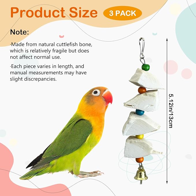 3 Pack Bird Chewing Toy Cuttlebone Parrot Toy with Bell Hanging Bird Beak Grinding Stone Parakeet Cage Accessories for Small Budgies Lovebirds Cockatiels (Block, 4 Per Skewer)