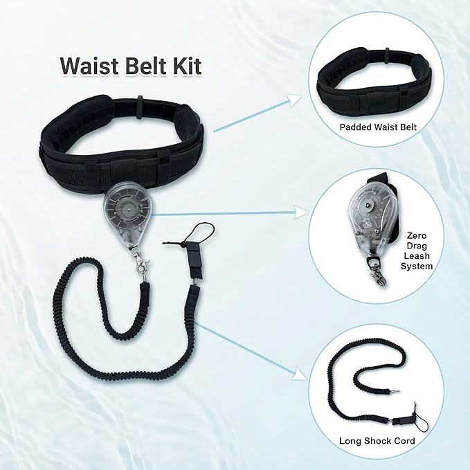 Blue Planet Waist Belt Kit - Including Zero Drag Retractable Leash System, Long Shock Cord and Lightweight Padded Waist Belt | Tangle-Free Foil waist leash kit (Hook and Leash tether NOT included)