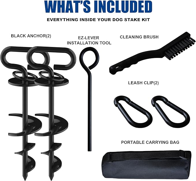 Eurmax USA Dog Tie Out Stake Triple Lock Heavy Duty Dog Anchor for Large Dogs Trampoline Stakes Dog for Yard and Outdoor Dog Runner Install & Travel Kit Included,2-Pack(Black)