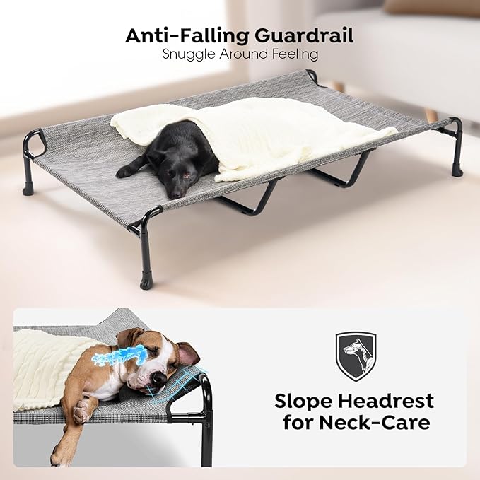 Veehoo Elevated Dog Bed, Raised Dog Cots for Large Dogs, Waterproof Outdoor Dogs Bed, Cooling Pet Hammock with Guardrail, Upgraded Non-Slip Feet, Breathable Teslin Mesh, Black Silver, 59x 37 inches