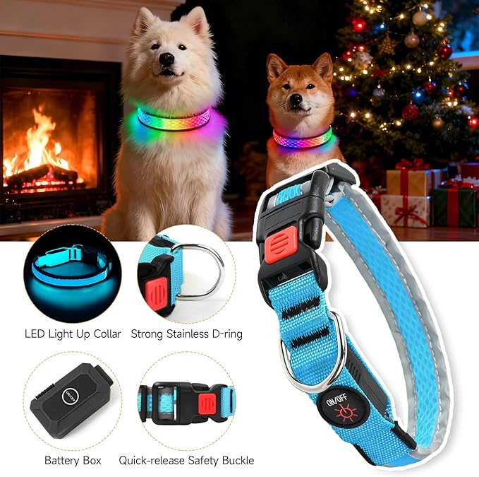 LED Dog Collar, Light Up Dog Collar USB Rechargeable, Nylon Adjustable Comfortable Soft Bright RGB 7 Colors Changeing Safety Light Glowing Collar for Medium and Large Dogs(Large,Blue)