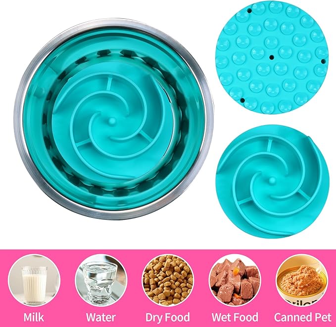 Slow Feeder Dog Bowls Insert, Bestalk Soft Silicone Slow Eating Feeder Insert with Suction Cups for Small, Medium and Large Dogs, Fit into Basic and Elevated Dog Bowls, Teal