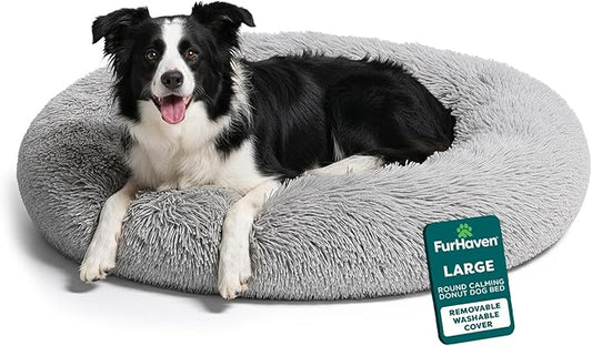 FurHaven 36" Calming Donut Dog Bed for Large Dogs, Round Plush Donut Design with Soft Filling for Snuggling Comfort, Removable Washable Cover, Large, Shaggy Faux Fur, Mist Gray