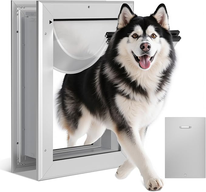 Ownpets Aluminum Large Dog Door for Wall and Door, Double Flap Energy Efficient, Lockable Pet Door, Heavy Duty Doggy Door for Dogs Up to 100lbs