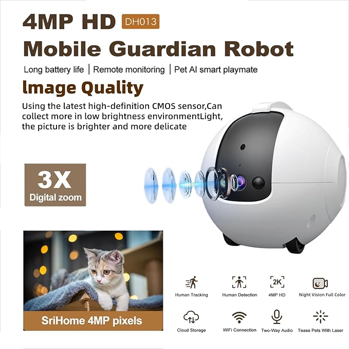 Robot Camera on Wheels, Mini Family Bot 3X Zoom 2K Pet Camera Robot, Indoor Movable Security Camera with 2 Way Talk,Blinky Bot Night Vision, Distance Bot App Control for Pet Cats/Dogs/Baby/Elderly