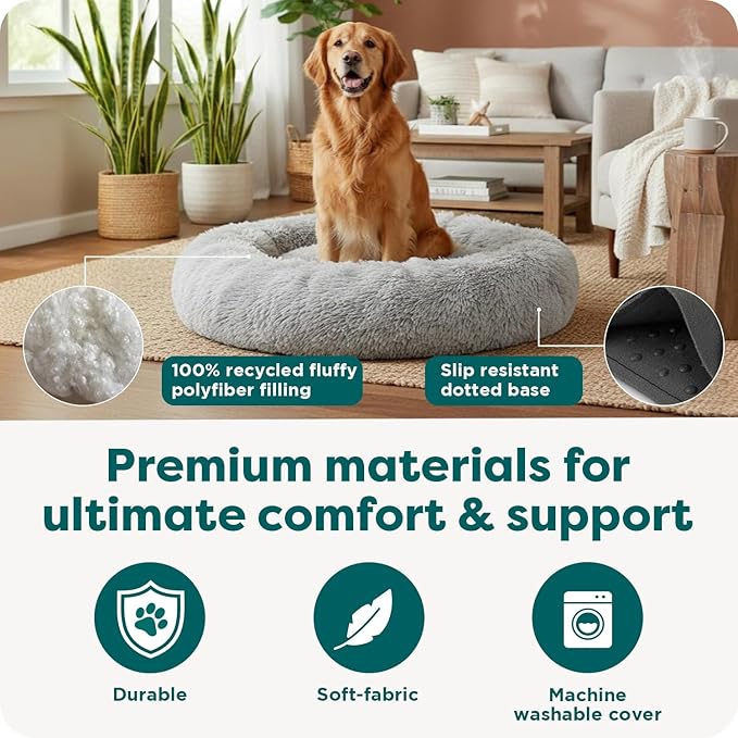 FurHaven 45" Calming Donut Dog Bed for Large Dogs, Round Plush Donut Design with Soft Filling for Snuggling Comfort, Removable Washable Cover, Jumbo XL, Shaggy Faux Fur, Gray