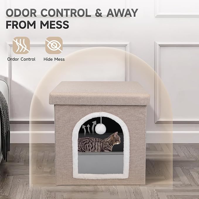 Cat Litter Box Enclosure, Foldable Hidden Litter Box with Mesh Storage Bag, Litter Box Furniture Hidden with Waterproof Inside, Easy Clean, Odor Control, Easy Assembly, 21.6”L x 17.7”D x 17.7”H, Beige