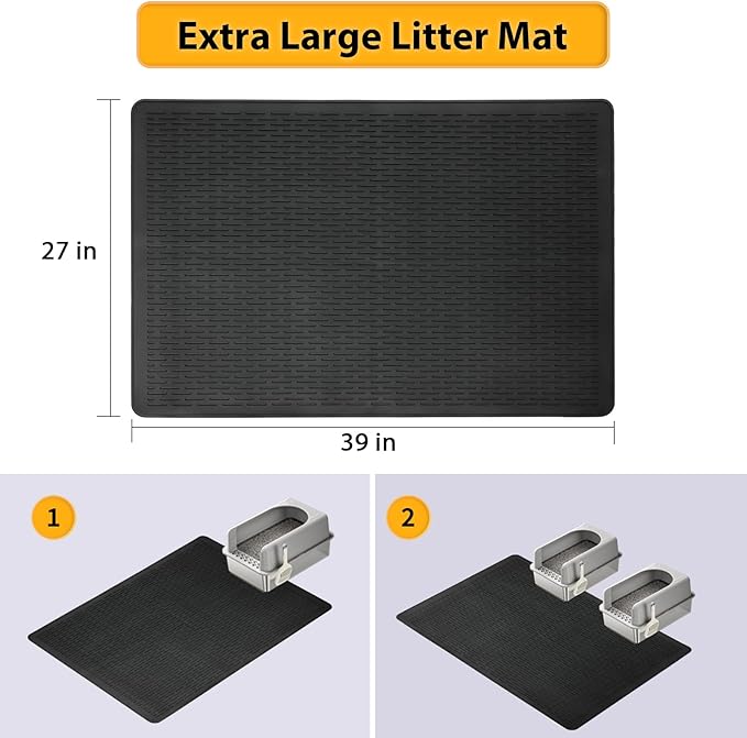 Cat Litter Mat,39x27in Waterproof Litter Mat,Large Rubber Litter Box Mats Easy to Clean,Washable Soft Cat Litter Mats Litter Trapping Mat,Indoor Floor XL Kitty Litter Mats-Black