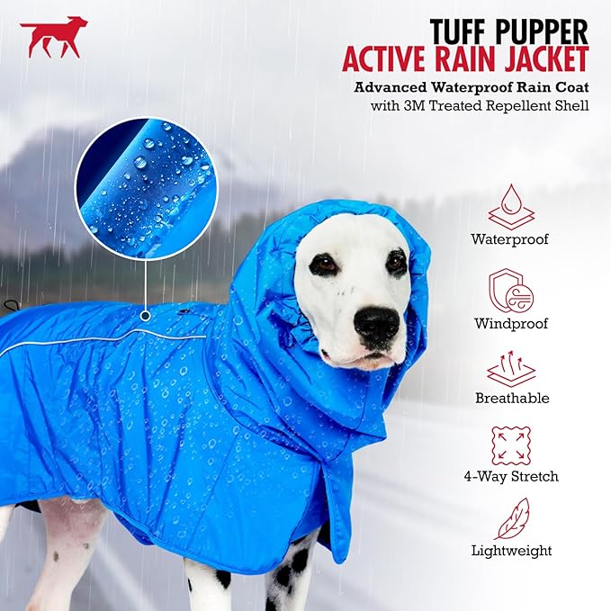 Tuff Pupper Waterproof Dog Raincoat | Full-Body Windproof Rain Jacket for Dogs | Reflective Strips | Breathable Mesh Lining | Adjustable Fit | Leash Port | Small Medium Large XL XXL Dogs (Blue, S)