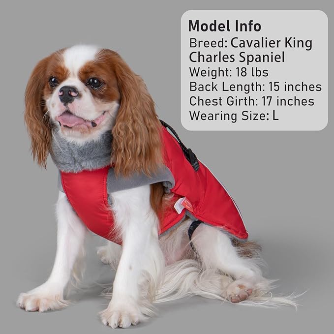 KYEESE Waterproof Dog Coat, Windproof Pet Jacket with Thick Fleece Lining, Extra Warm High Collar Dog Coats for Medium to Large Dogs with Leash Hole and Reflective Strips, Red, XX-Large