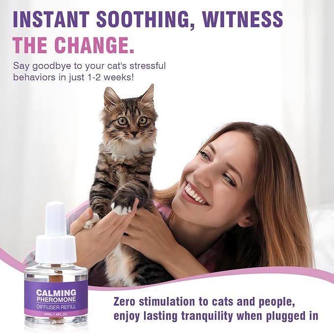 Cat Calming Pheromone Diffuser Refills 4 Pack Anxiety and Stress Calming for Cats Reduce Inappropriate Peeing and Spraying Fragrance Free for Bedroom Bathroom Reduces Conflict in Multi-Cat Households