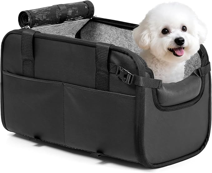 YUDODO Large Dog Car Seat for Center Console (Width＞9.5in) Fits 10-20lbs, Anti-Slip Puppy Cat Travel Portable Booster Seat, Luxury Pet Car Bed Carseat PU Leather Black