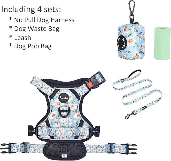 Petmolico No Pull Dog Harness Set with Leash Attachment Easy Control Handle Reflective Harness Vest Small Breed, Puppy Vest and Leash Set with Poop Bag Holder, Medium - Daisy