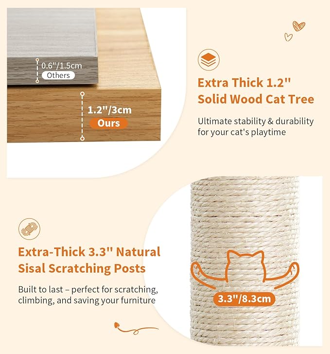 Made4Pets Cat Tree, Modern Cat Tree Tower for Indoor Cats - 65" Tall Wood Condo with Hammock, Scratching Post and Removable Pads for Small Large Cats, Beige