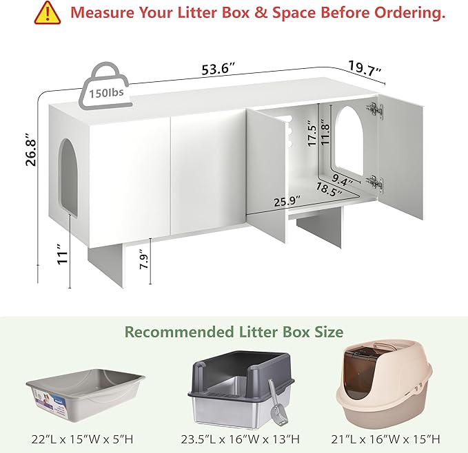 Double Litter Box Enclosure, Litter Box Enclosure for 2 Litter Boxes, Modern Litter Box Furniture for 2 Cats, Scandi Style (White)